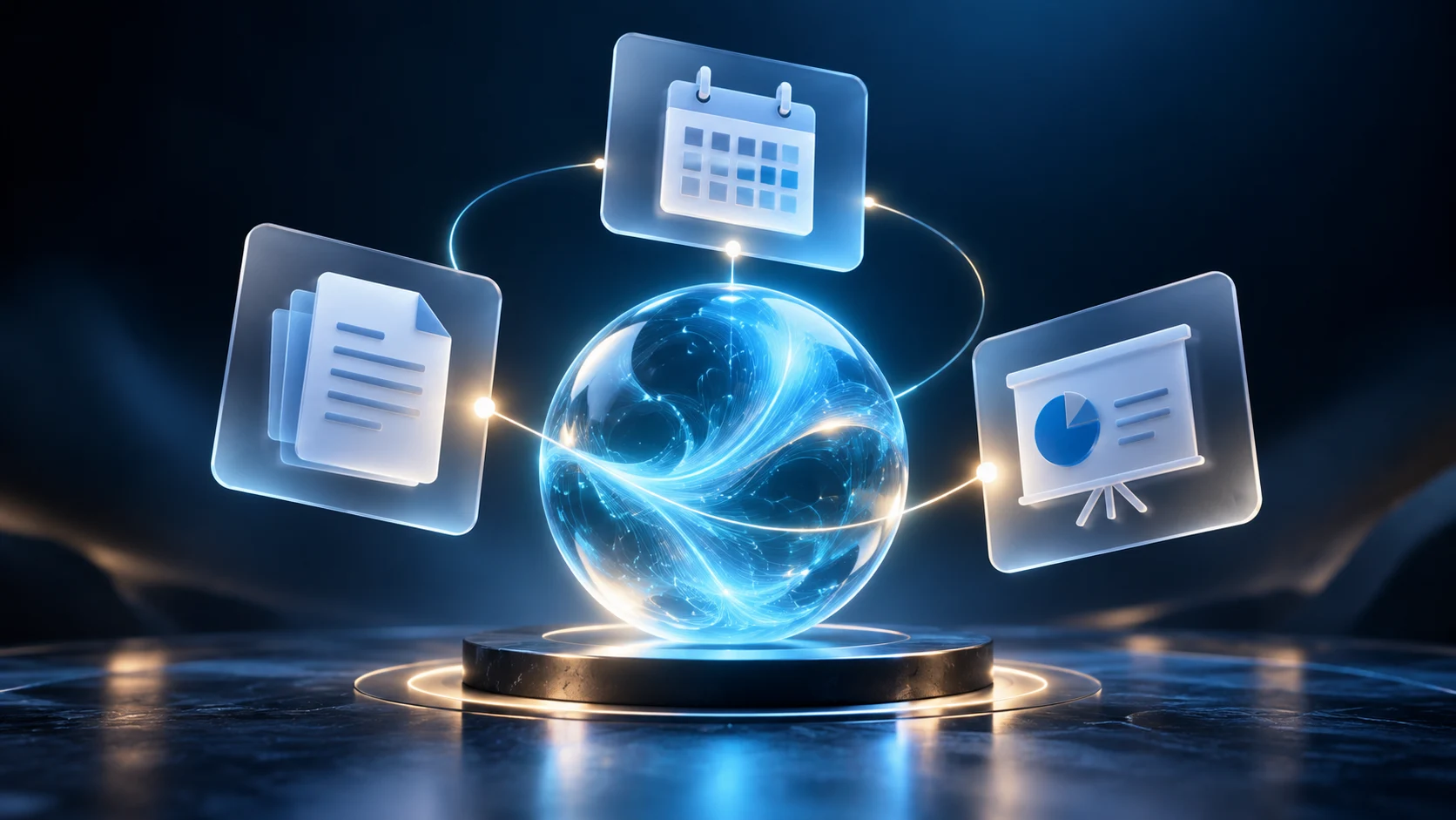 Conceptual illustration of an AI orb connected to documents, a calendar and a presentation