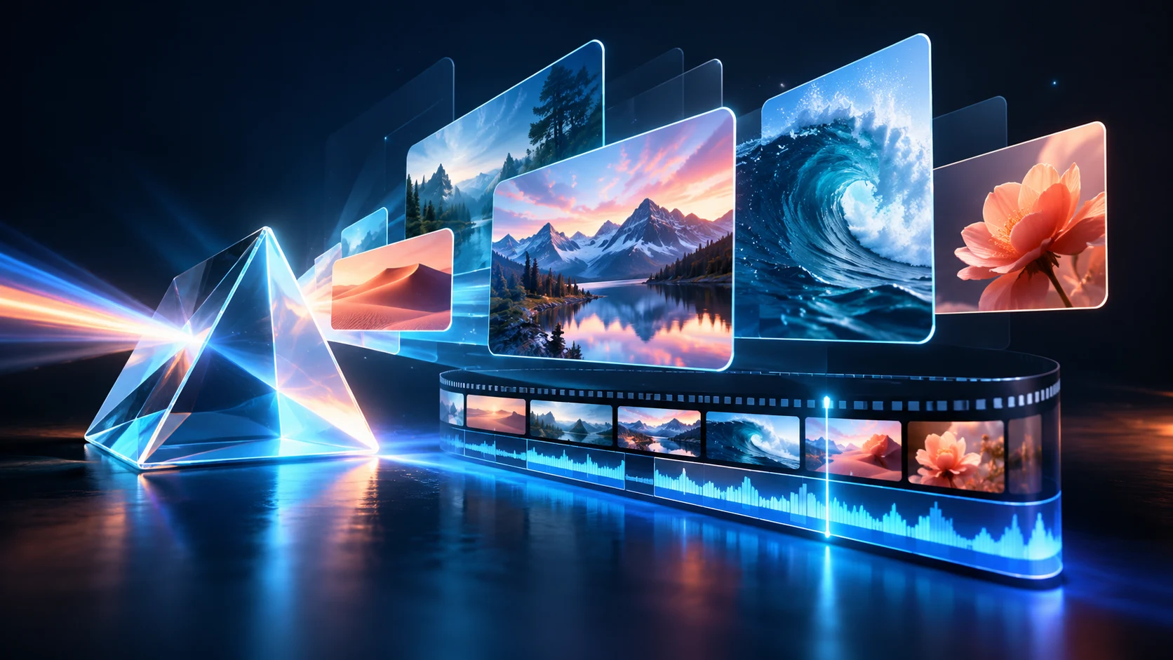 Editorial illustration of a prism, visual storyboards and a video timeline