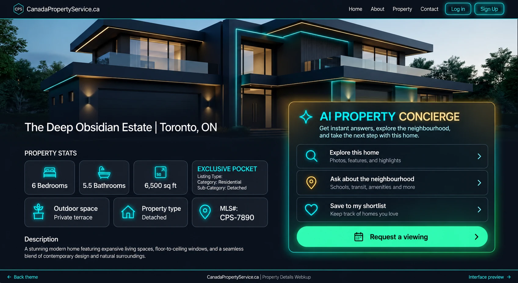 CPS property detail preview featuring a modern home and AI property concierge