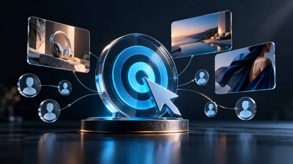 A luminous advertising target connected to campaign images and audience symbols