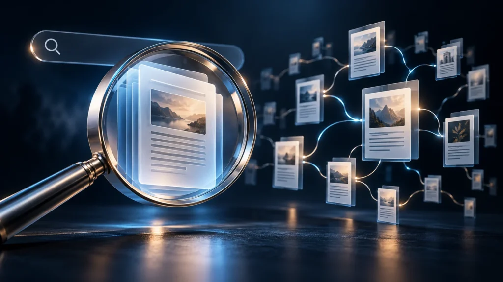 A glass magnifying lens examining connected content pages and a search field